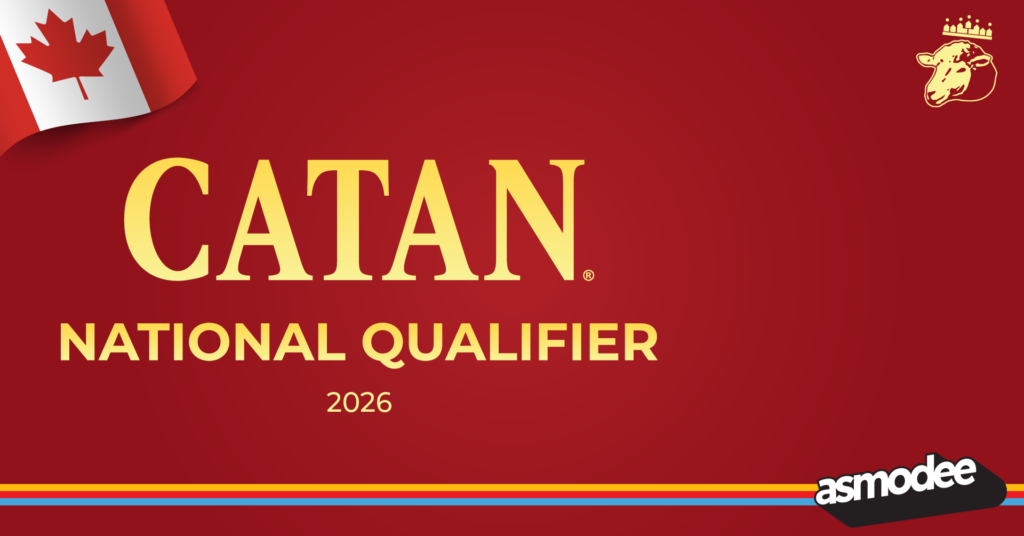 Official promotional banner for the 2026 Canadian CATAN National Qualifier, featuring the Catan logo, a Canadian flag, a golden crowned sheep, and the Asmodee logo on a dark red background.